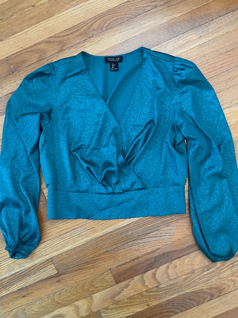 RACHEL ZOE Forest Green Faux Wrap Patterned Puff Sleeves Coquette Crop Blouse